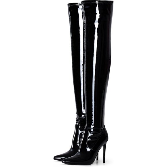 Women Black Patent Wools Lining Pointed Toe 4.3 inch Stilettos Thigh High Boots - Picture 4 of 8